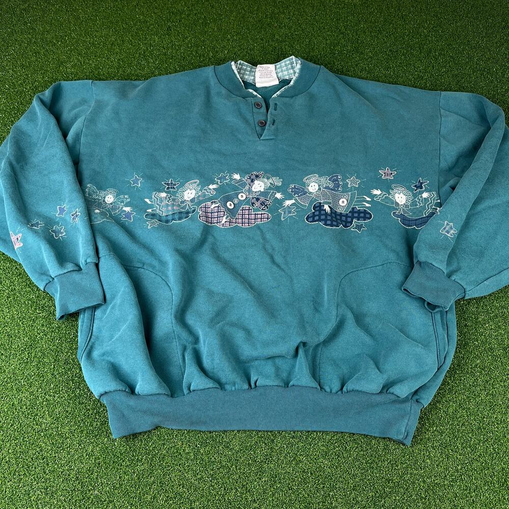 Vintage Art Unlimited Sportswear Teal Angels Henley Sweatshirt Sz XL